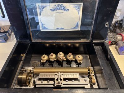 Antique Swiss Cylinder Music Box with Inlaid Wood Case & Decorative Bells