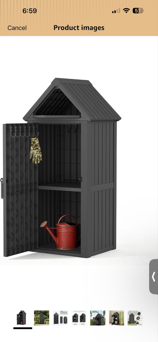 Vertical Outdoor Storage Shed, Waterproof Resin Outdoor Storage Cabinet with Removable Shelves & 12 Hooks, Brand NEW 