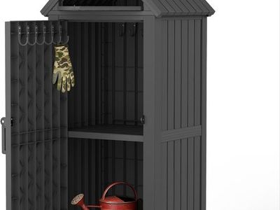 Vertical Outdoor Storage Shed, Waterproof Resin Outdoor Storage Cabinet with Removable Shelves & 12 Hooks, Brand NEW