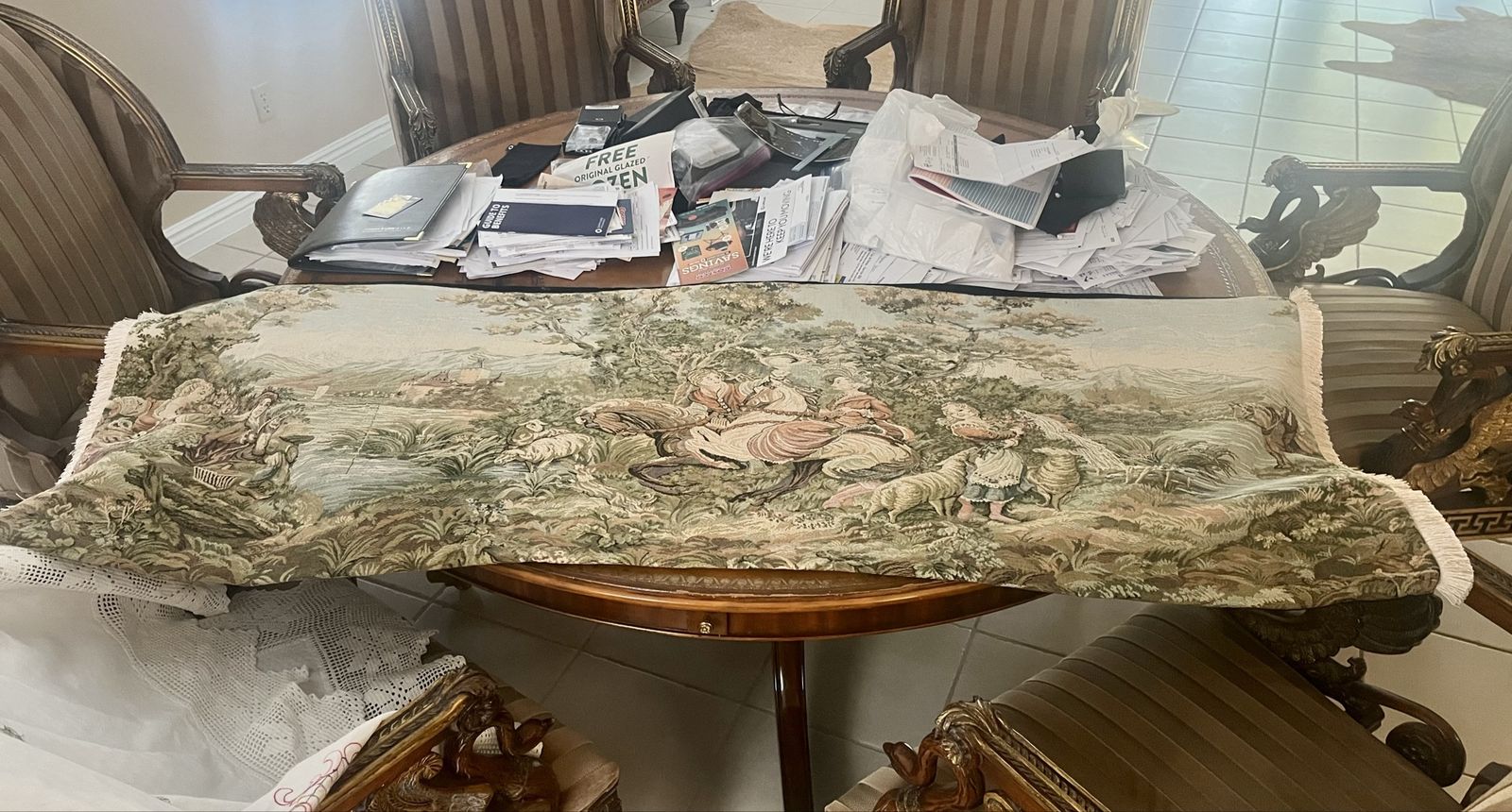 Vintage French Country Tapestry Wall Hanging Pastoral Scene Fringed Fabric Art with high end velveteen on the back