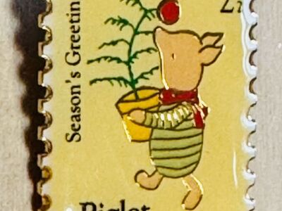 Piglet - Season's Greetings Lapel Pin VTG Postage