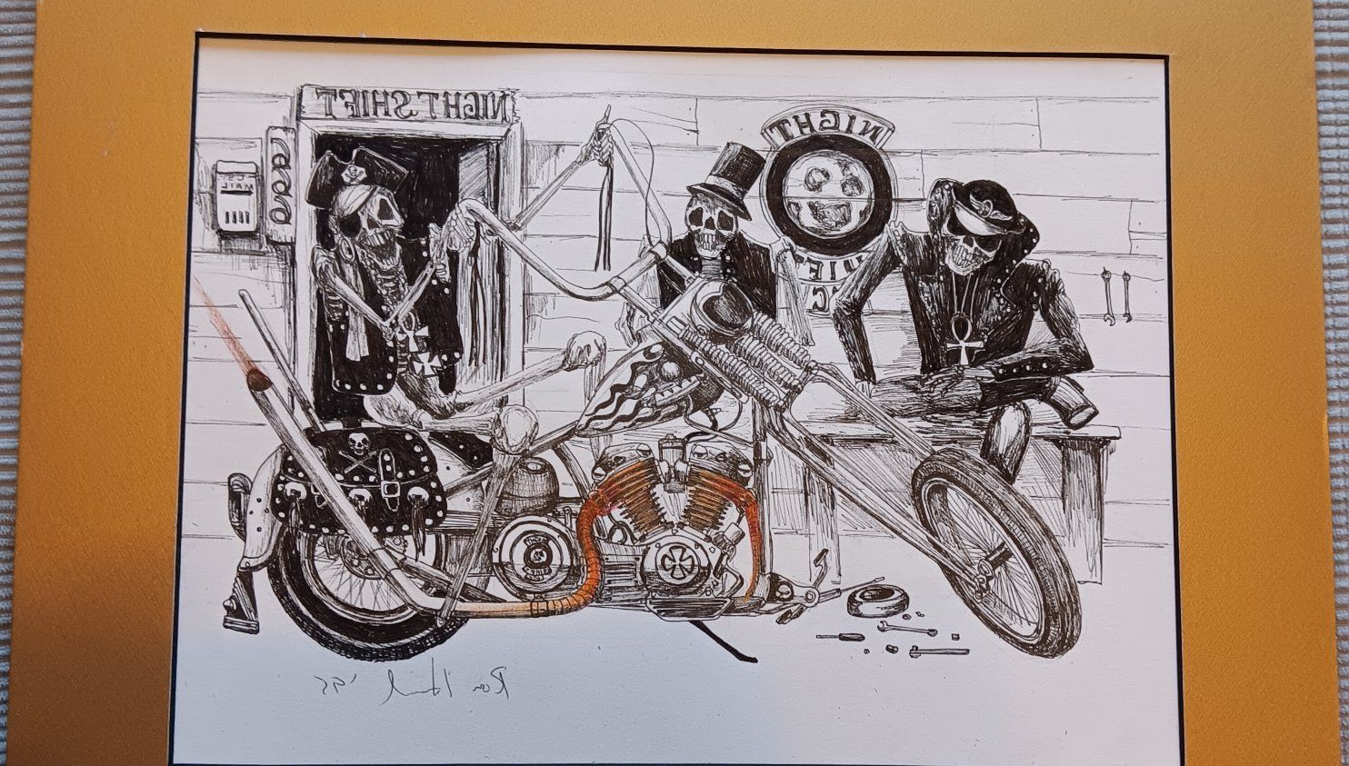 Vintage Original Ink Artwork 'Night Shift' Skeleton Biker Chopper '95