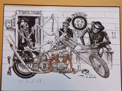 Vintage Original Ink Artwork 'Night Shift' Skeleton Biker Chopper '95