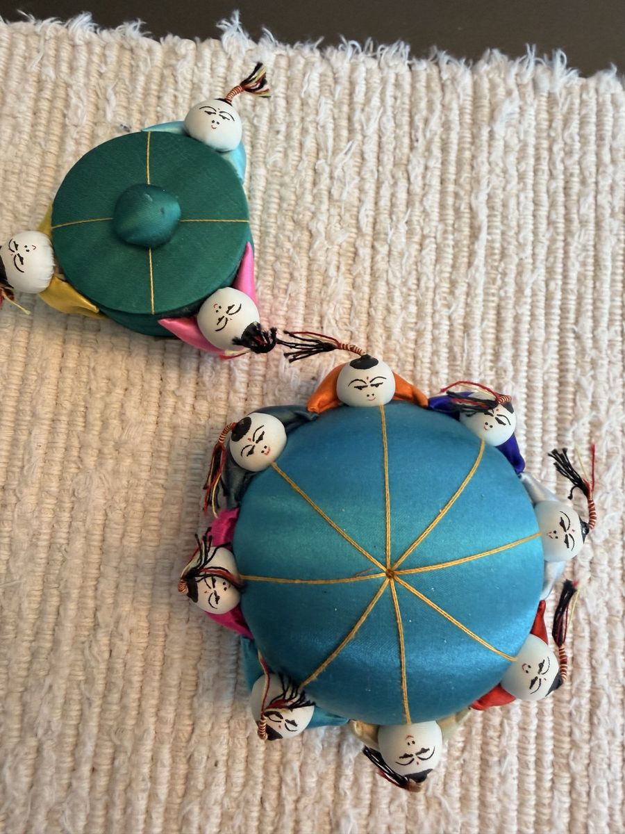 Vintage Chinese Silk Pincushion & Trinket Box Set - '100 Boys' Motif