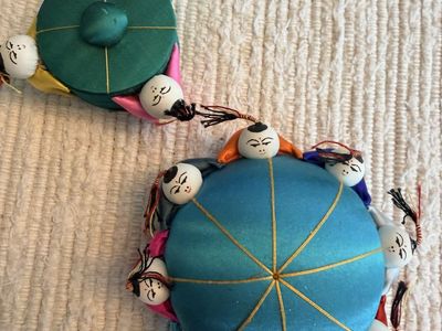 Vintage Chinese Silk Pincushion & Trinket Box Set - '100 Boys' Motif