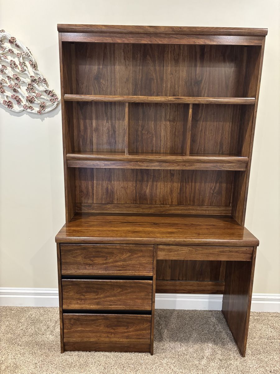 Secretary Desk with Hutch and Drawers - Brown Finish