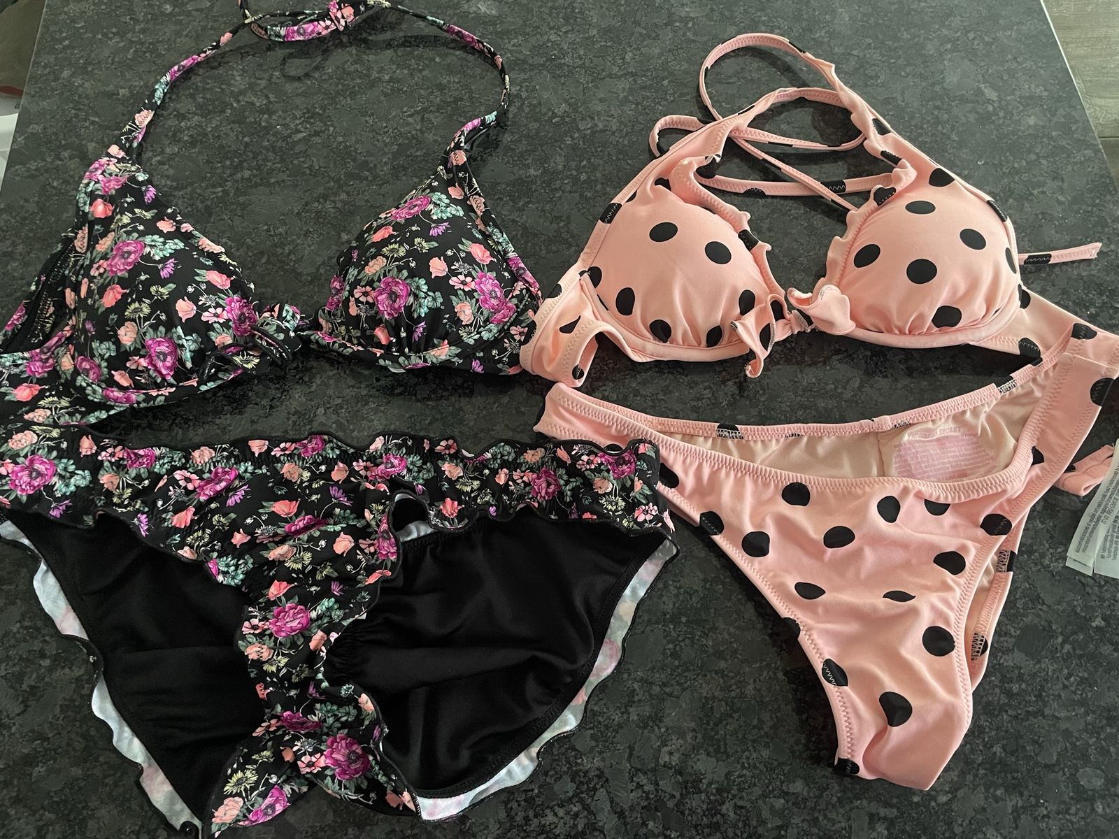 Victoria's Secret Bikini Set Lot 2 Pairs Floral & Pink Polka Dot Size 32A