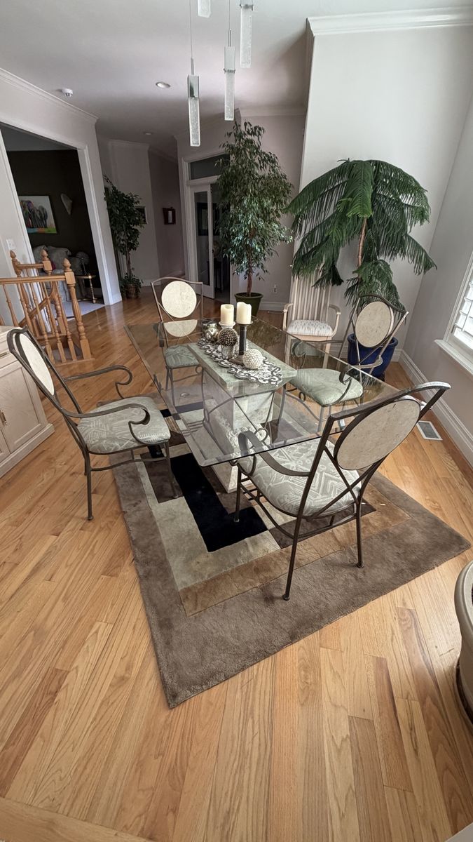 Dining Table Set: Glass Top with Unique Faux Stone Pedestal Base & 4 Metal Chairs, Upholstered Seats