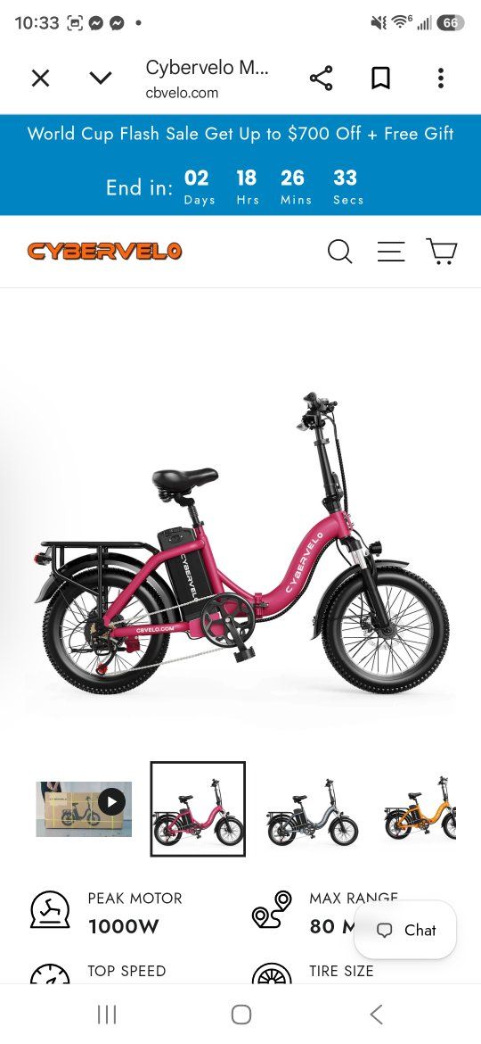 Cybervelo Mars700  Foldable, Step-through Ebike 1000W Motor  48V 20Ah Battery 28mph 80 Mile Range
