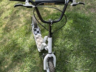 White & Black Scooter with Hand Brakes & Checkered Deck