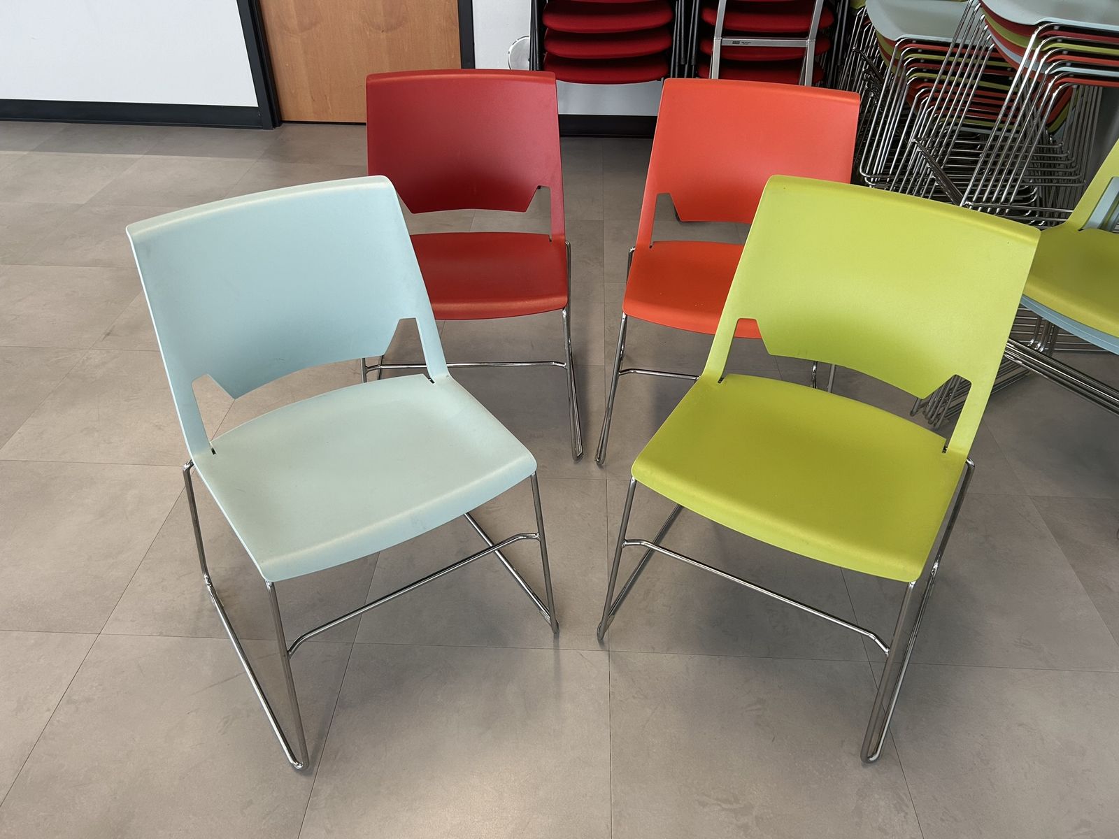Modern Stacking Chairs - Light Blue & Green - Chrome Legs - Commercial Grade!