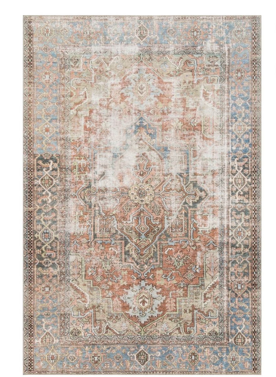 Vintage-Inspired Distressed Medallion Area Rug - 5x7 ft, Peach & Blue Persian Design