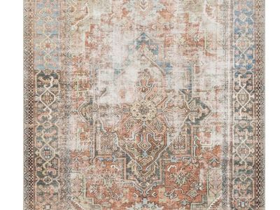 Vintage-Inspired Distressed Medallion Area Rug - 5x7 ft, Peach & Blue Persian Design