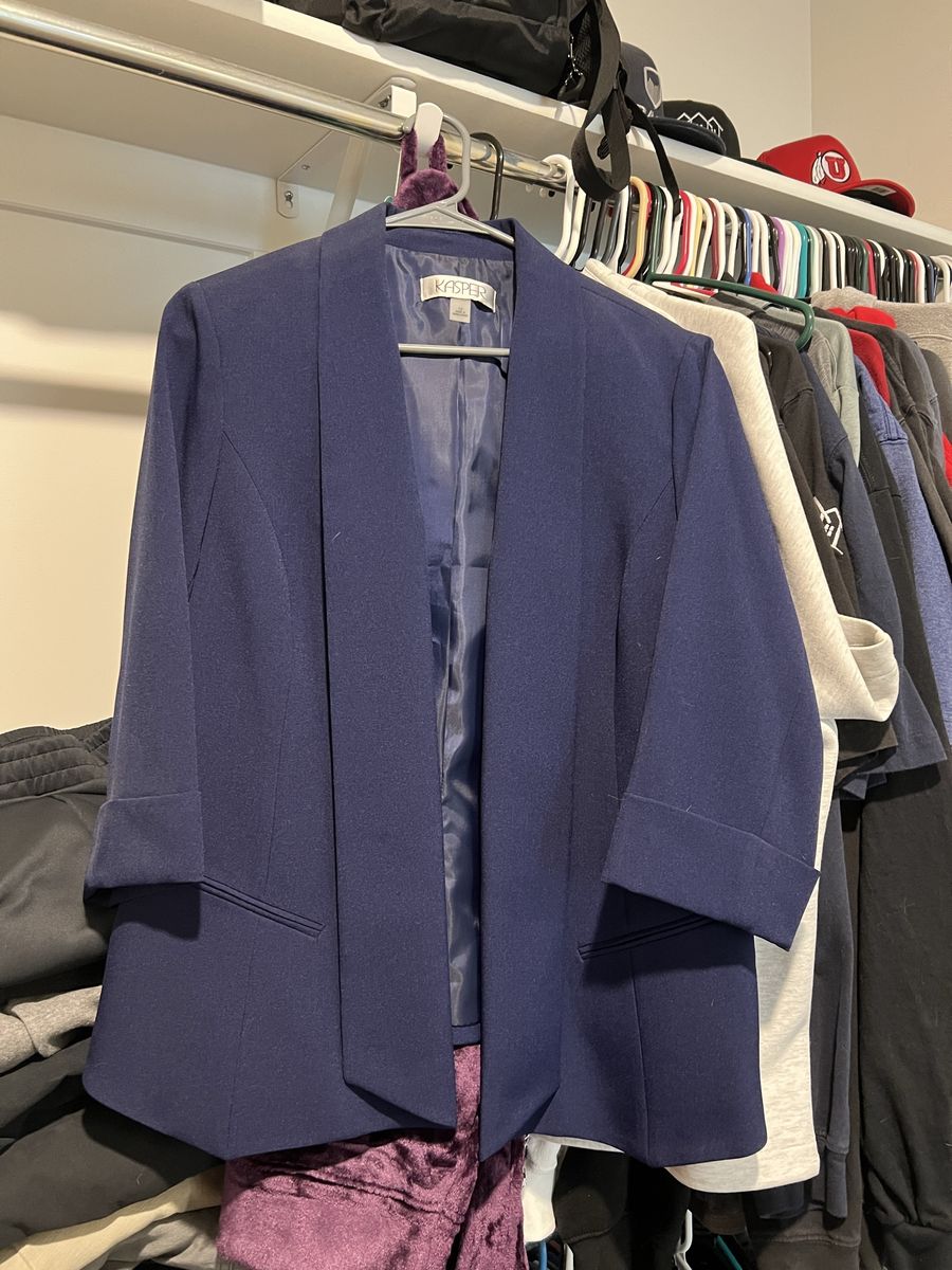 Kasper Women's Navy Blue Open-Front Blazer Jacket Size L - 3/4 Sleeve, Lined