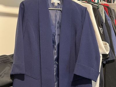 Kasper Women's Navy Blue Open-Front Blazer Jacket Size L - 3/4 Sleeve, Lined