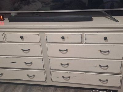 Shabby Chic White Wood Dresser with 9 Drawers - Rustic Farmhouse Style
70 inches long
34 inches tall
19 inches wide
