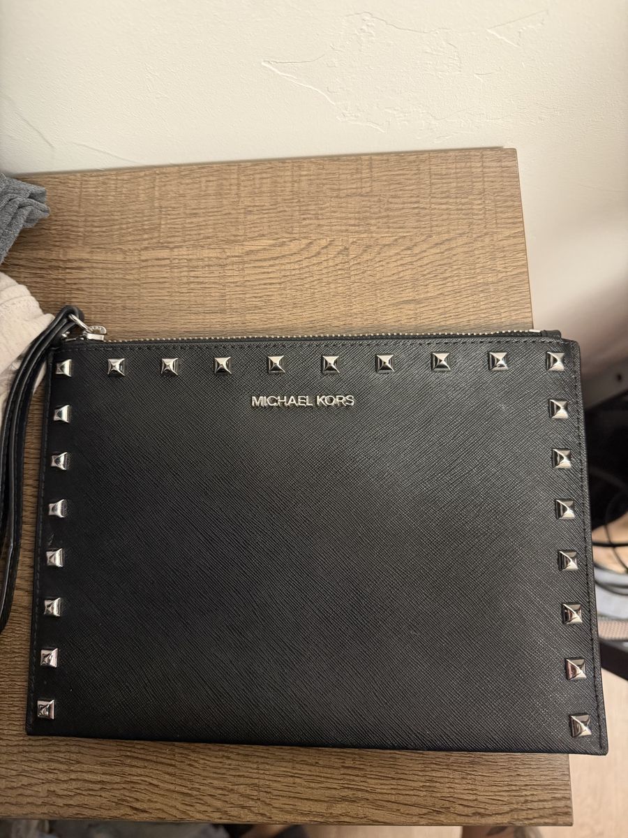 Michael Kors Black Studded Saffiano Leather Wristlet Clutch