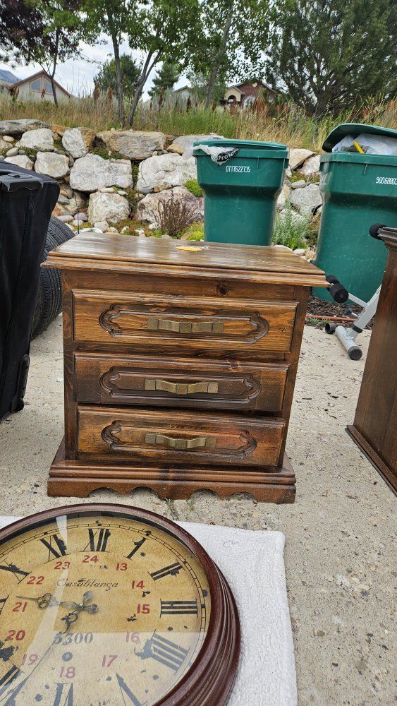 Vintage Wooden Nightstands / End Tables - Set of 2, 3-Drawer & 2-Door Cabinets, Dark Wood Finish