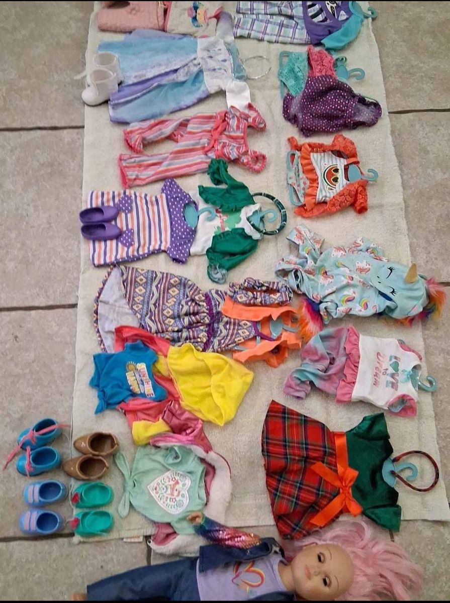 Over 30 pieces of My Life/American Girl doll clothes, shoes. outfits and accessories.