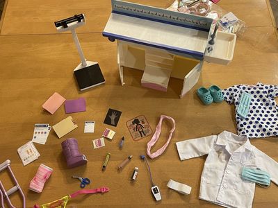 Our Generation Doctor Days Clinic Set - exam table with other medical-themed doll sets (one new)