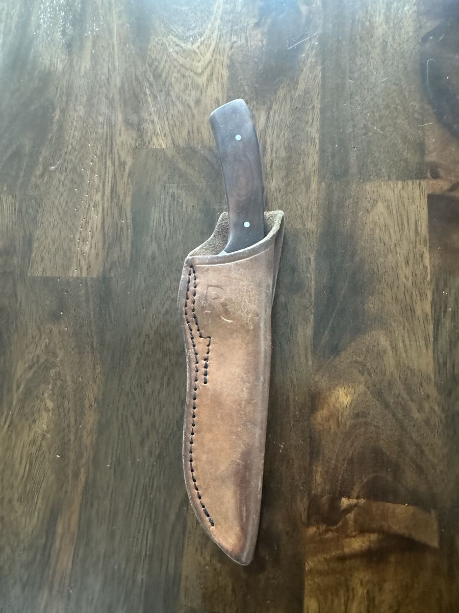 Vintage Rigid USA R-30 Alaskan Drop Point Blade Knife with Wood Handle Leather Sheath
