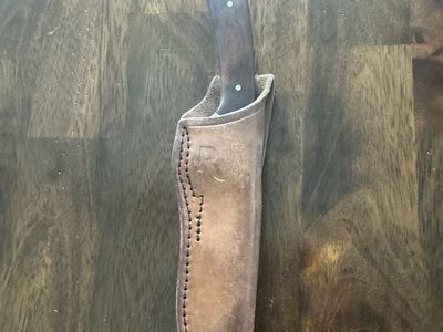 Vintage Rigid USA R-30 Alaskan Drop Point Blade Knife with Wood Handle Leather Sheath