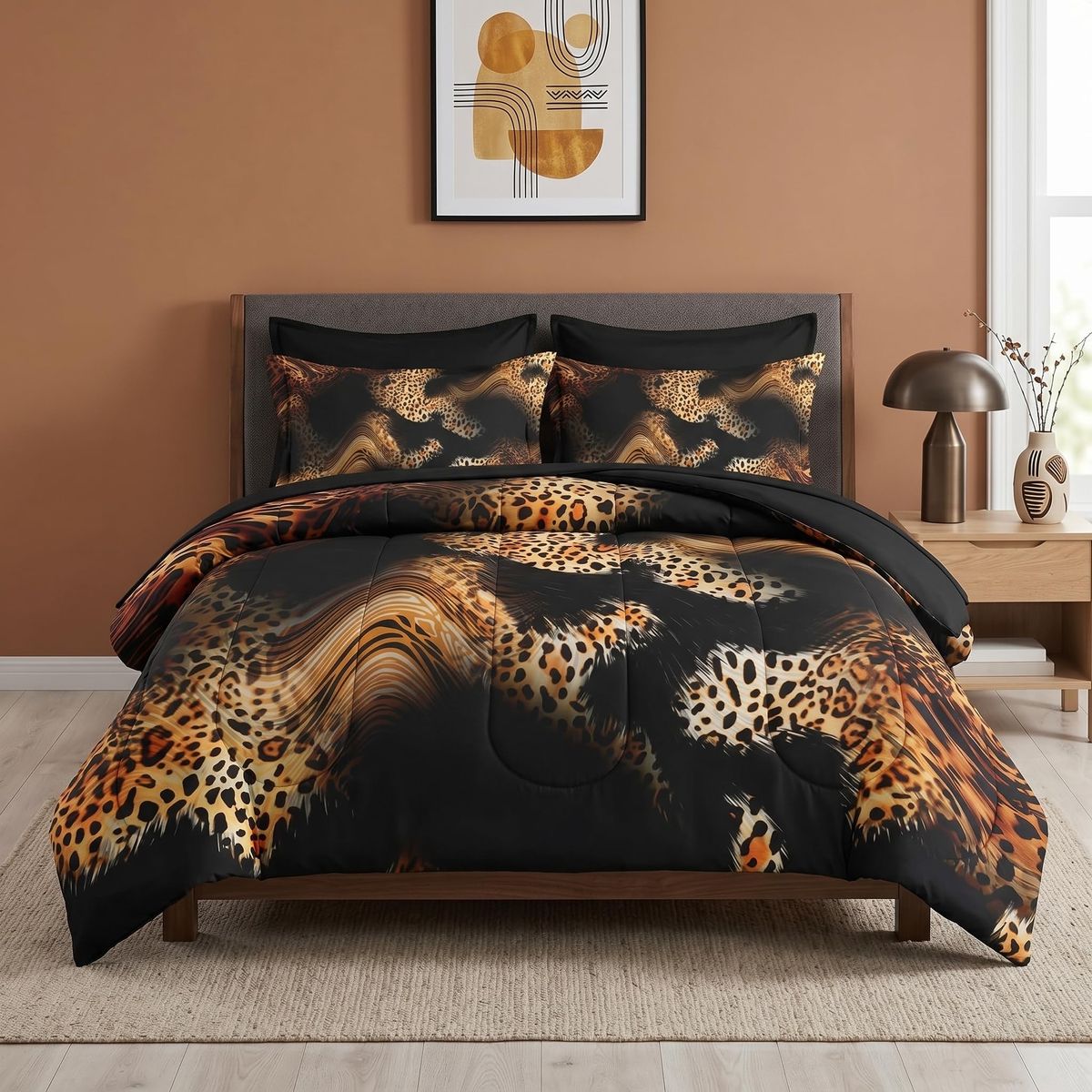 Pamnest Comforter Set Full Size, Colorful Retro Leopard 7 Pcs Bedding for Kids and Adults, Wildlife Camouflage Cheetah Bed Sheet