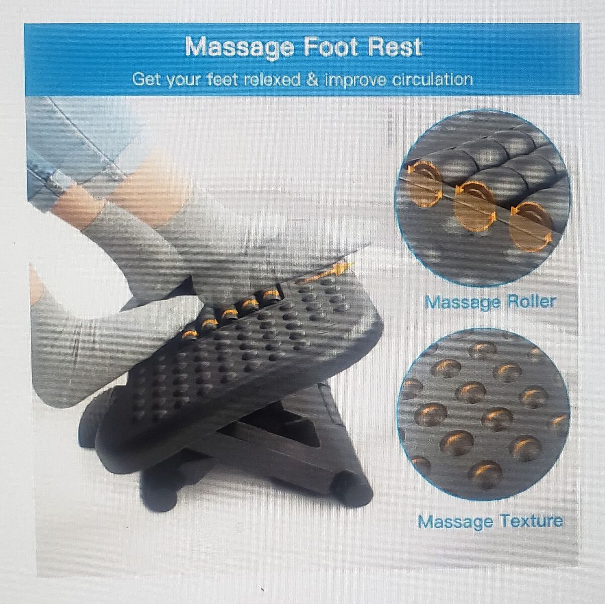 *Mind Reader* Adjustable Height Ergonomic Foot Rest with Massage Rollers - Compact and Lightweight - New