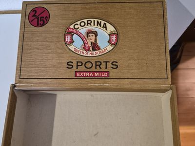 Vintage Corina Sports Extra Mild Cigars Wooden Box, J. E. Y. & Cia, Collectible Tobacco Advertising