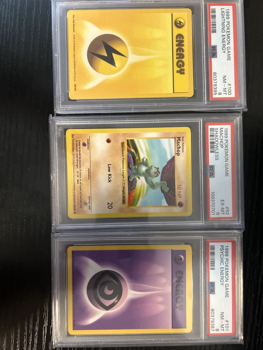 1999 Pokemon Game Machop Shadowless PSA 6, Lightning Energy PSA 8, Psychic Energy PSA 8 - Graded Cards