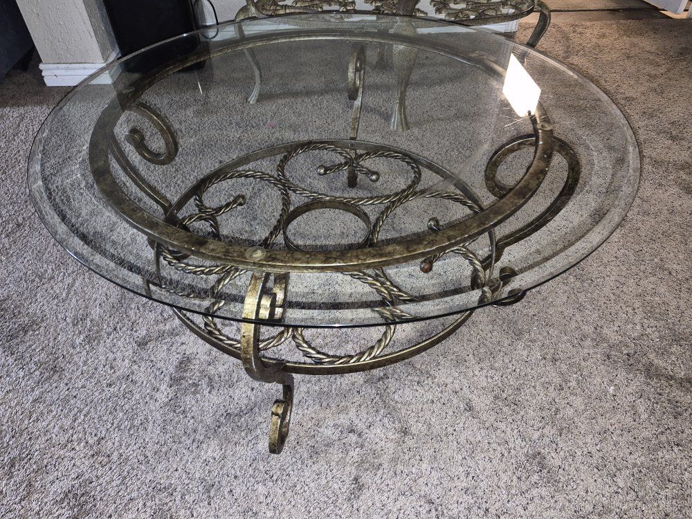 Round Glass Top Coffee Table with Decorative Wrought Iron Metal Frame