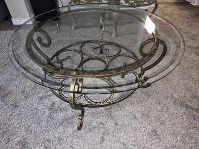 Round Glass Top Coffee Table with Decorative Wrought Iron Metal Frame