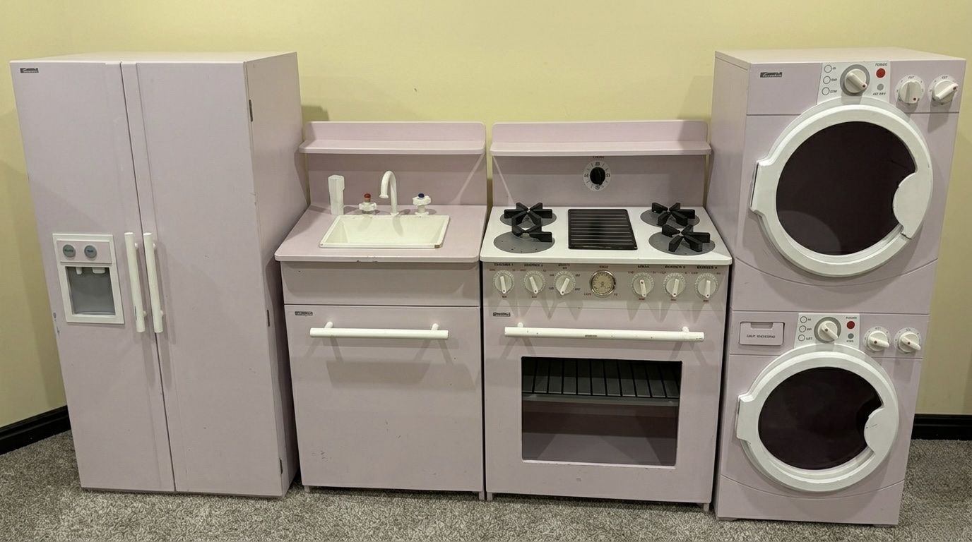Kenmore Kids Play Kitchen Appliances: Refrigerator, Stove, Washer & Dryer Set - Pink Wooden Toy