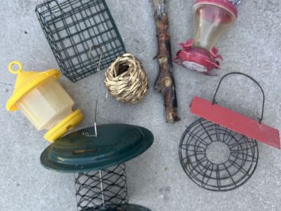 Set of bird feeders hummingbird, blue jay, yellow finch all $30