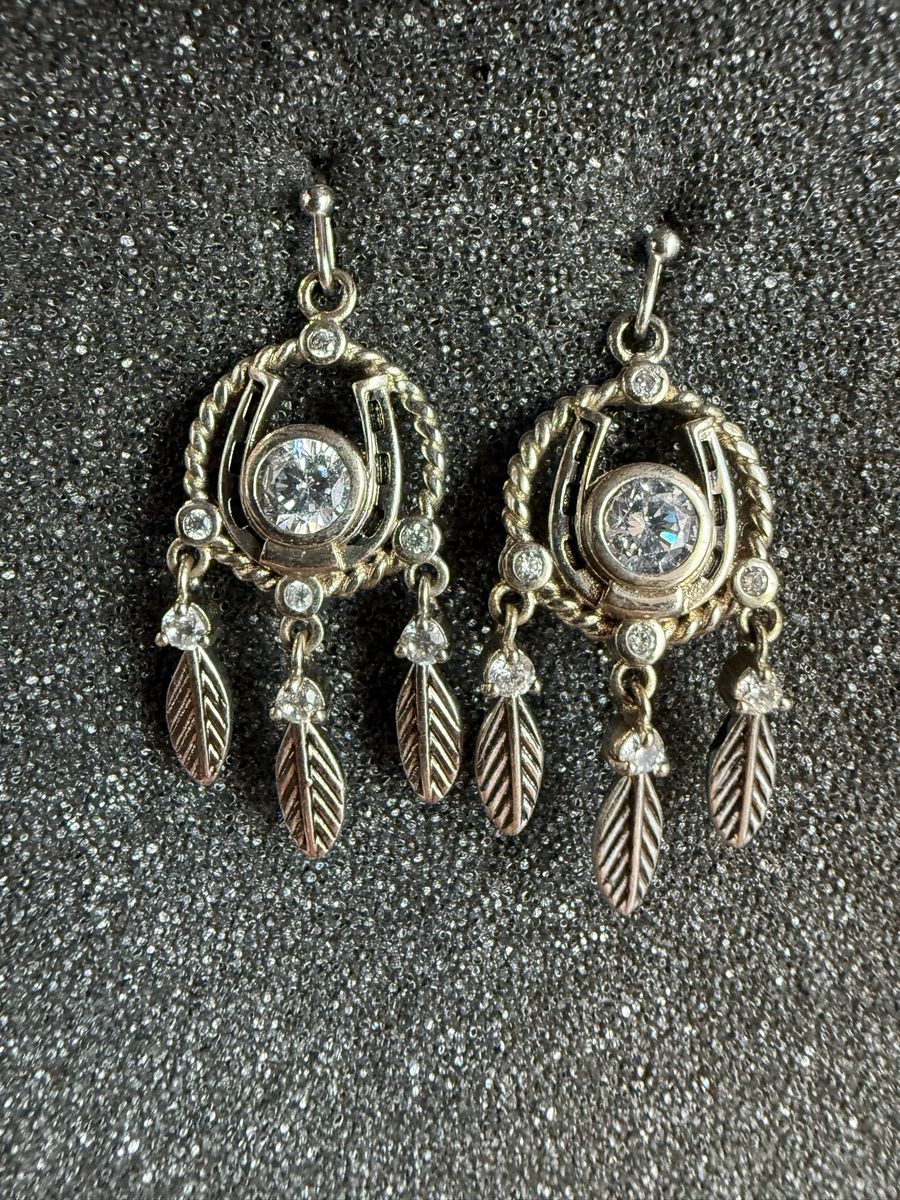 New Western Horseshoe Dreamcatcher Dangle Earrings Silver Tone Cubic Zirconia