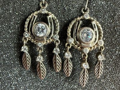New Western Horseshoe Dreamcatcher Dangle Earrings Silver Tone Cubic Zirconia