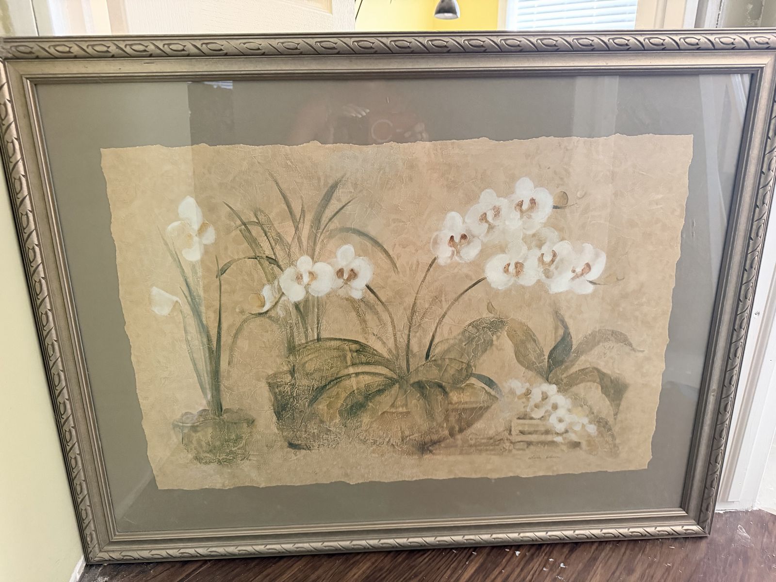 Framed White Orchid Botanical Print Art Decor - Elegant Floral Artwork Cheri Blum 28.5”x37.5”