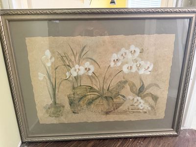 Framed White Orchid Botanical Print Art Decor - Elegant Floral Artwork Cheri Blum 28.5”x37.5”