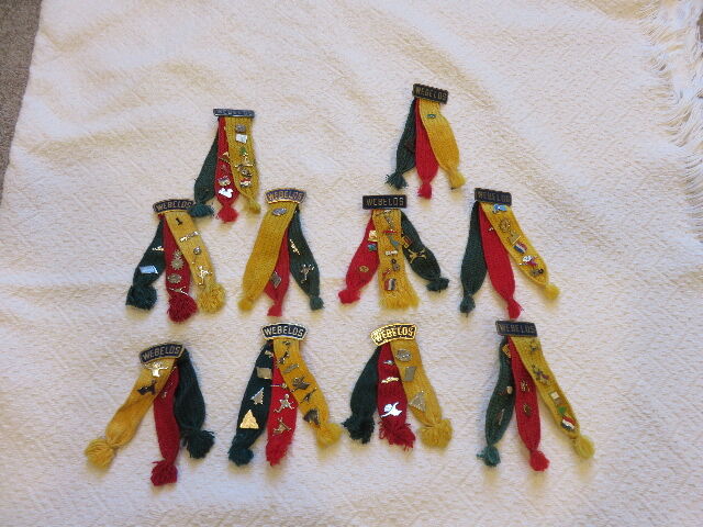 LOT OF 10 VINTAGE 1960'S AND 1970'S BOY SCOUT WEBLOS TRI-COLOR RIBBON WITH MISC ACTIVITY PINS