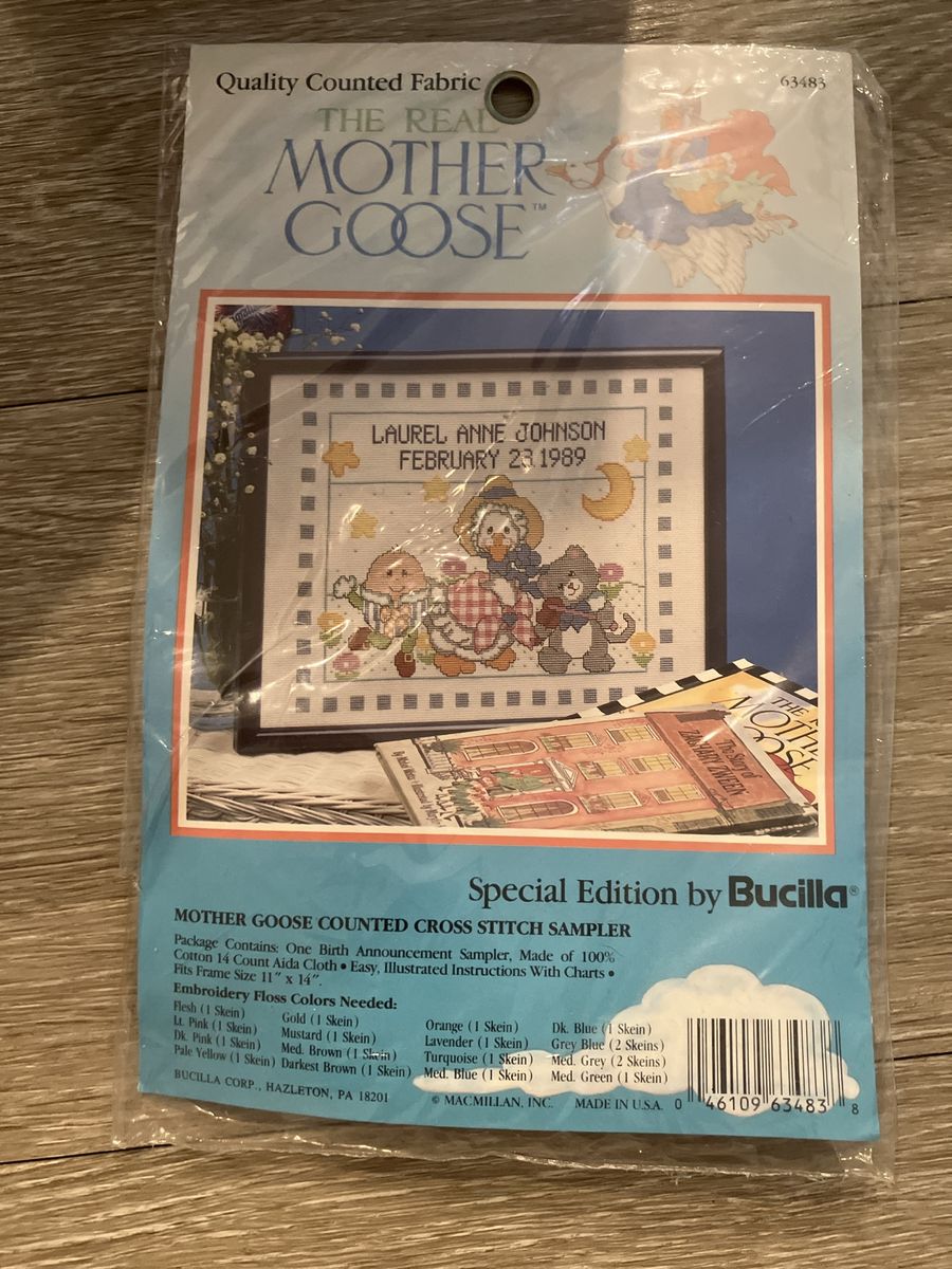 Bucilla Mother Goose Counted Cross Stitch Sampler Kit - Birth Announcement, 11" x 14" - New, Sealed, Thread not included