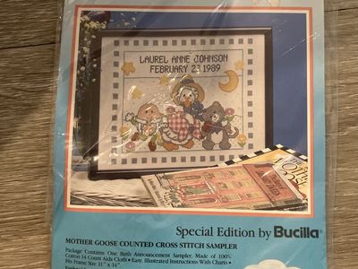 Bucilla Mother Goose Counted Cross Stitch Sampler Kit - Birth Announcement, 11" x 14" - New, Sealed, Thread not included