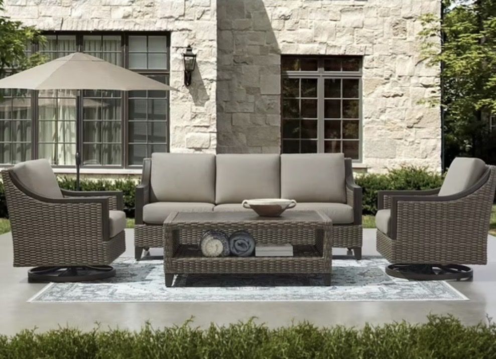 Outdoor Patio Wicker Sofa & Swivel Chairs with Cushions - 4 Piece Set