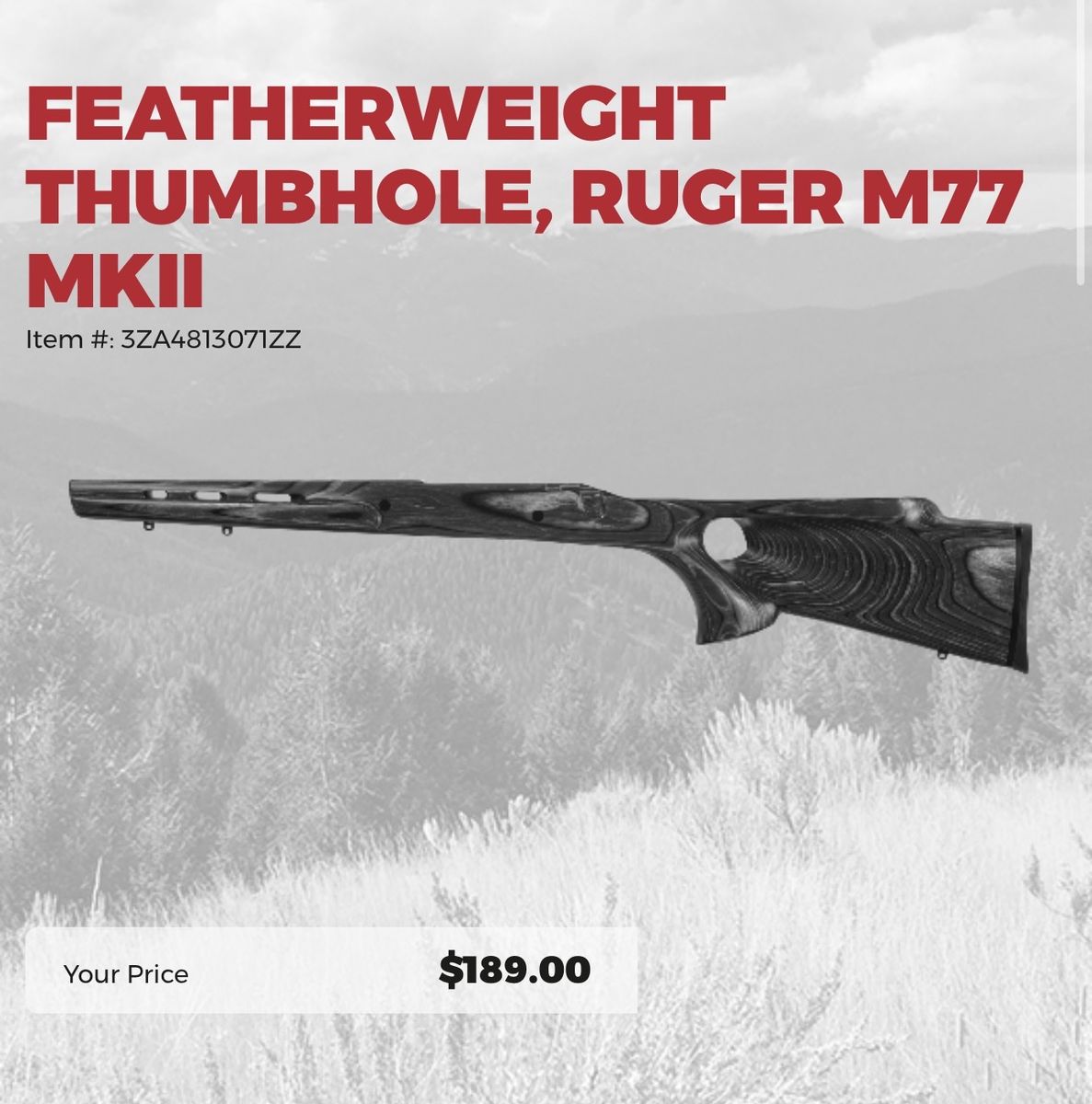 Featherweight Thumbhole Rifle Stock for Ruger M77 MKII - Grey Laminated Wood