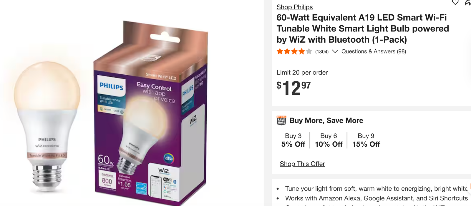 60-Watt Equivalent A19 LED Smart Wi-Fi Tunable White Smart Light Bulb powered by WiZ with Bluetooth (6-total, $5 for each)