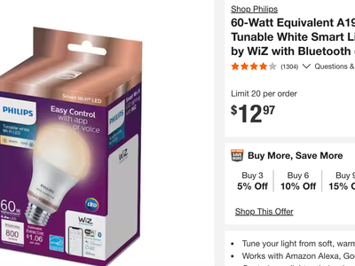 60-Watt Equivalent A19 LED Smart Wi-Fi Tunable White Smart Light Bulb powered by WiZ with Bluetooth (6-total, $5 for each)