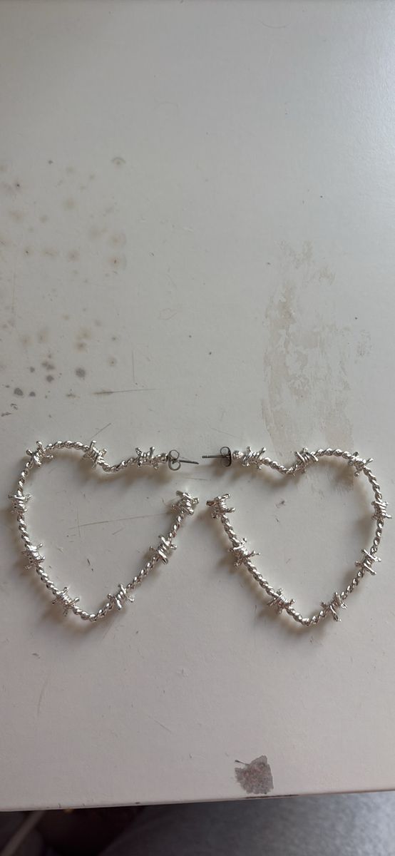 Silver Tone Barbed Wire Heart Hoop Earrings