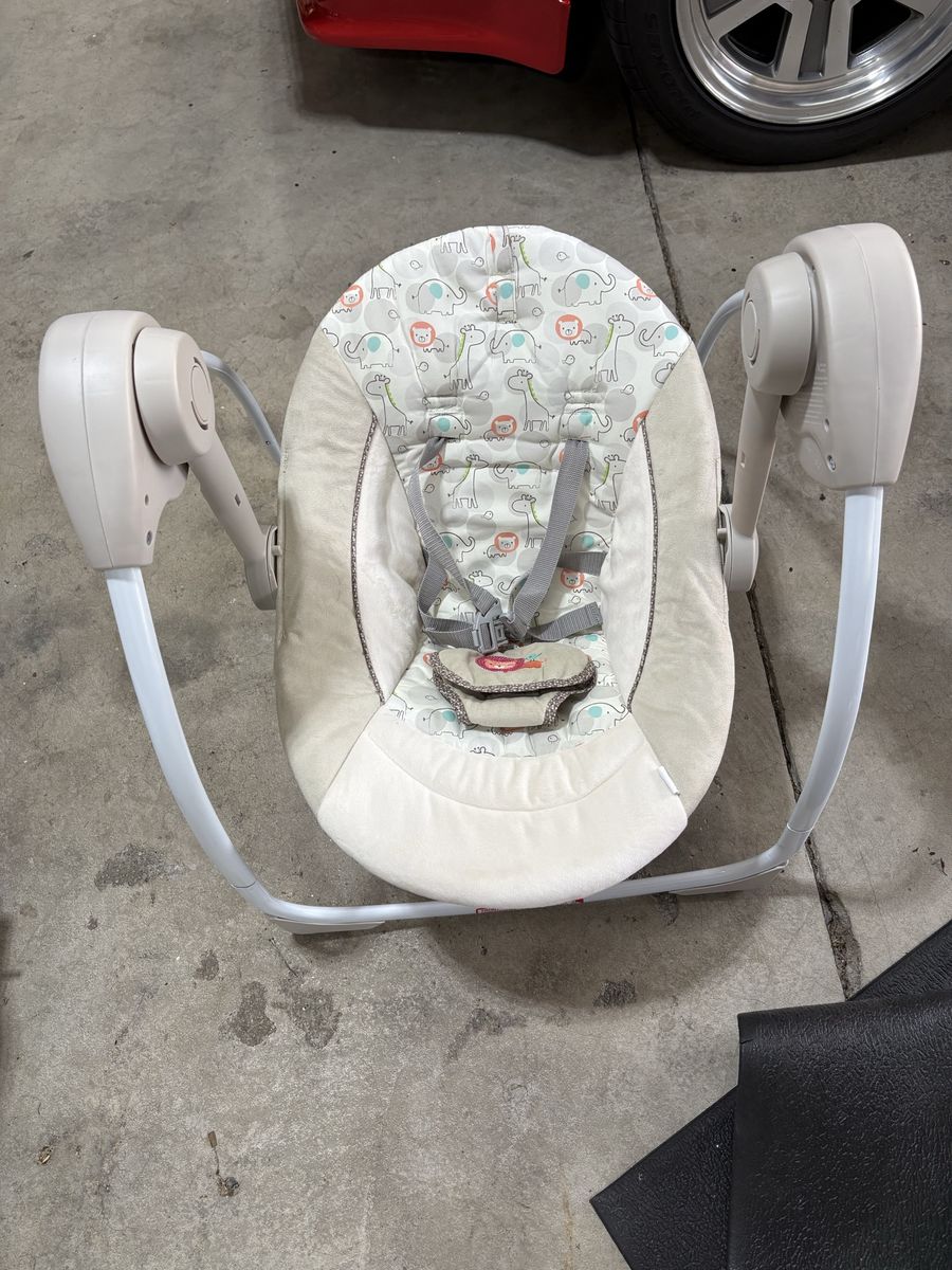 Portable Baby Swing with Animal Print Fabric, Harness, and Music Controls