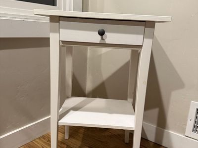 White Wood End Table / Nightstand with Drawer & Shelf, Modern Design
