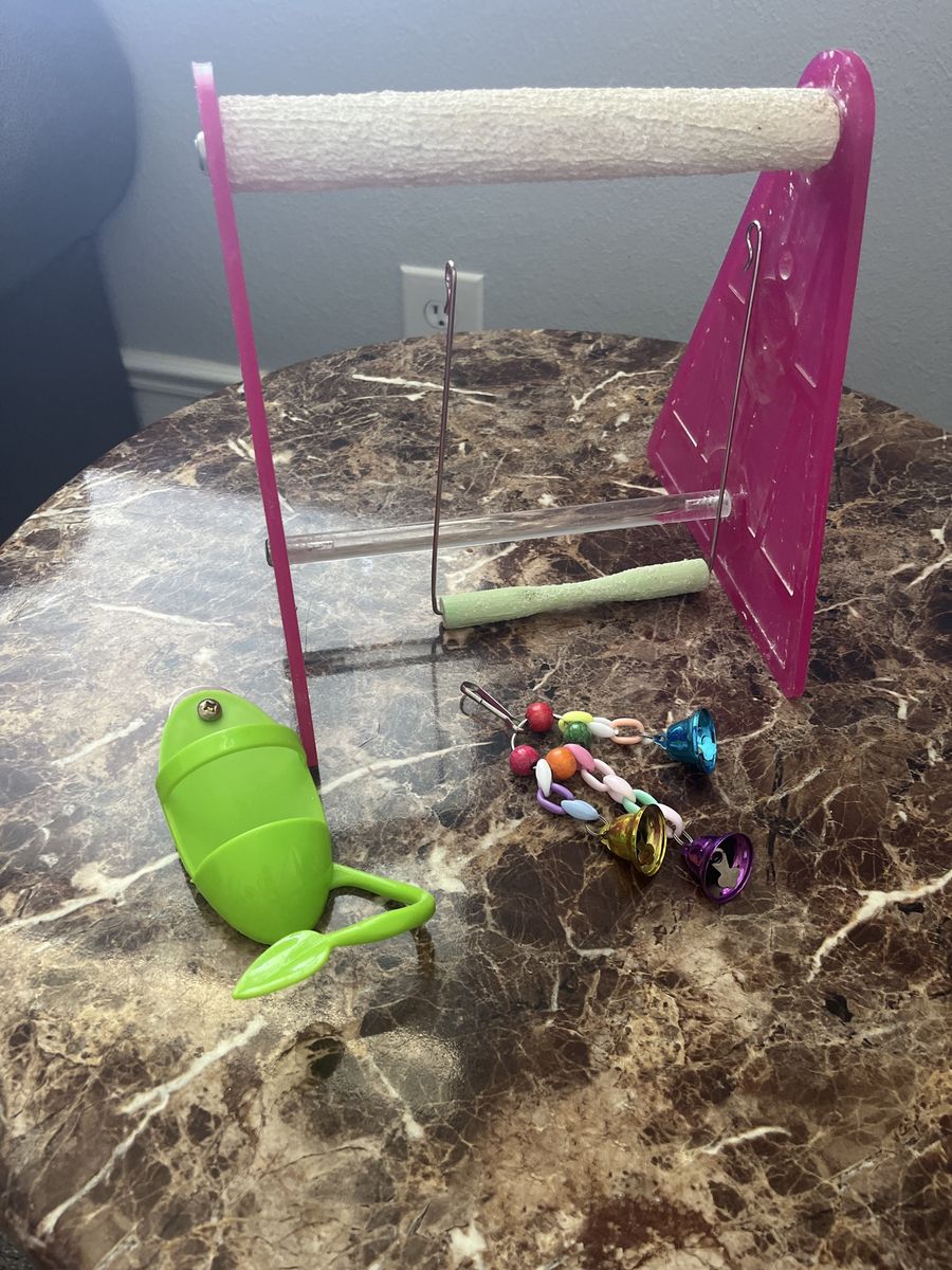 Assorted Bird Cage Accessories: Perches, Swings, Feeder, & Bell Toys