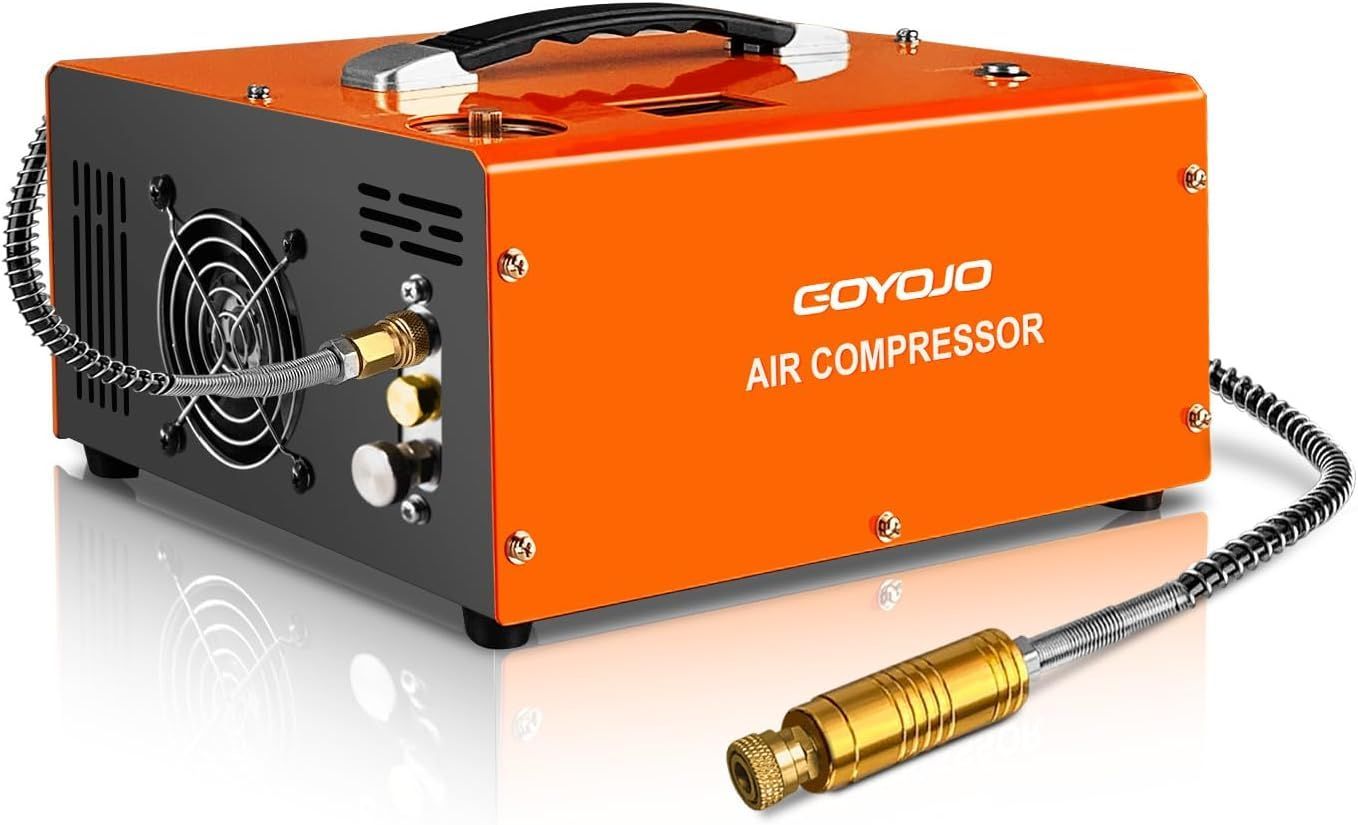 GOYOJO PCP Air Compressor, Max 4500 PSI / 300 Bar, Fast Fill for Airguns or Paintball Tank, Auto Shut-Off, Dual Power